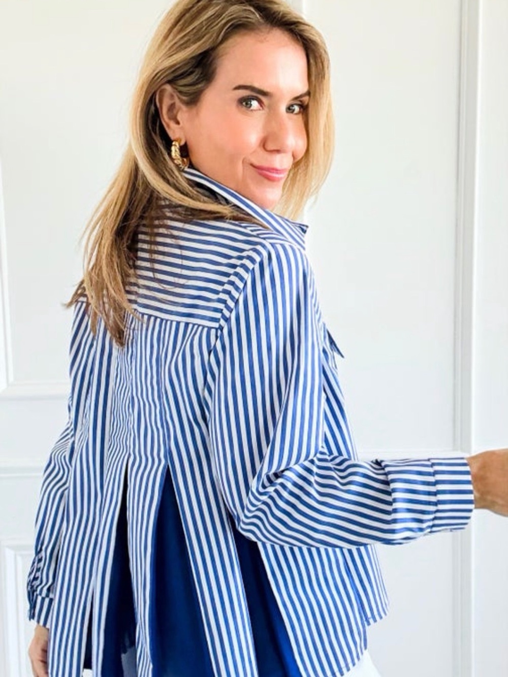 Blue & White Striped Back-Pleat Shirt - Women